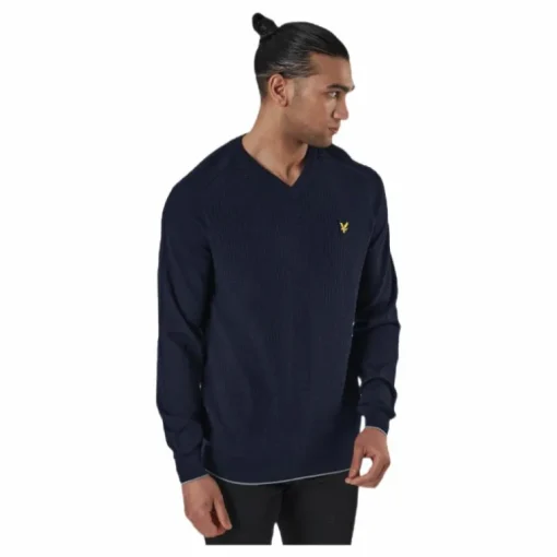 Grid Texture V Neck Jumper Blue